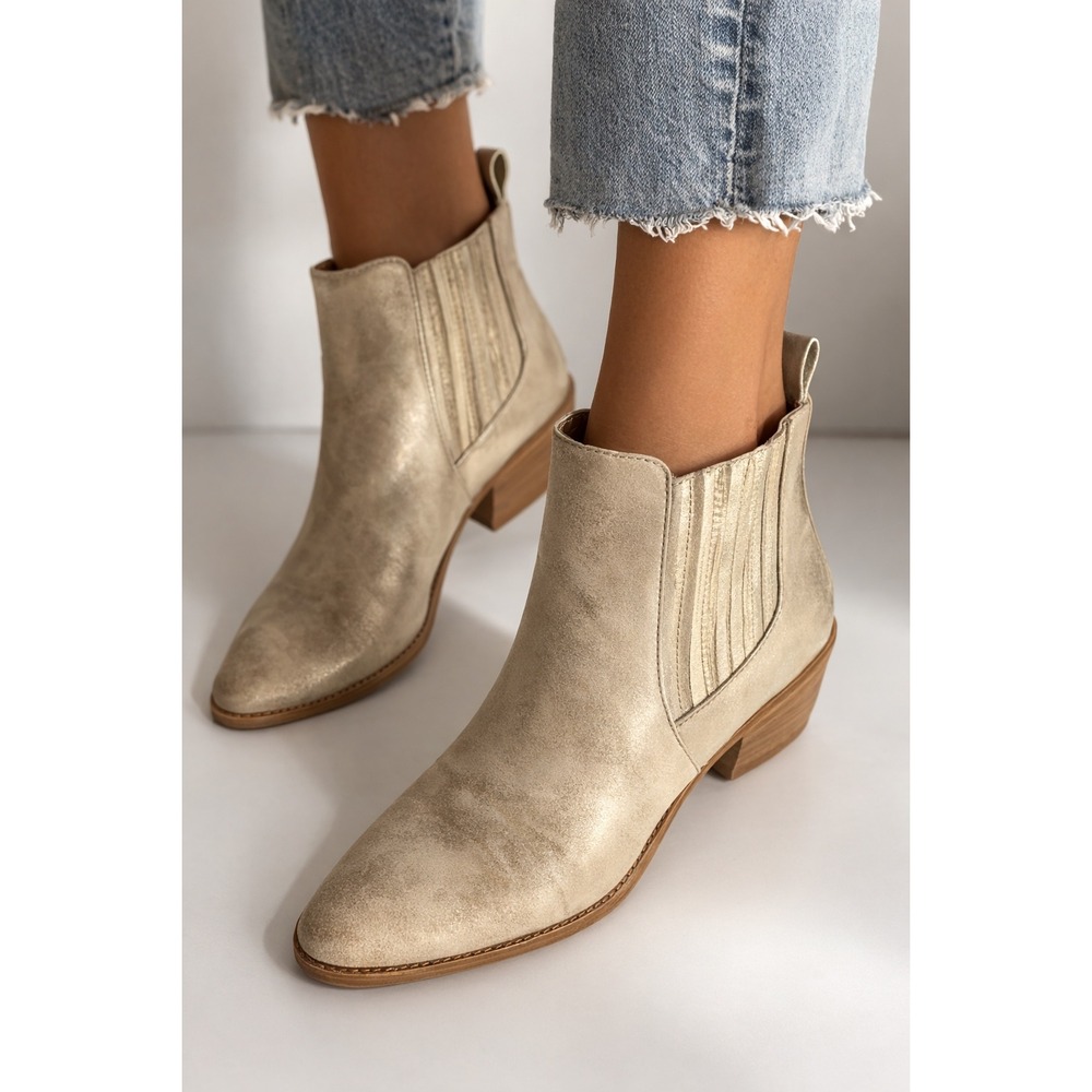 Boutique by Corkys Gold Metallic Ankle Boots Potion 10 Pointed Toe Block Heel